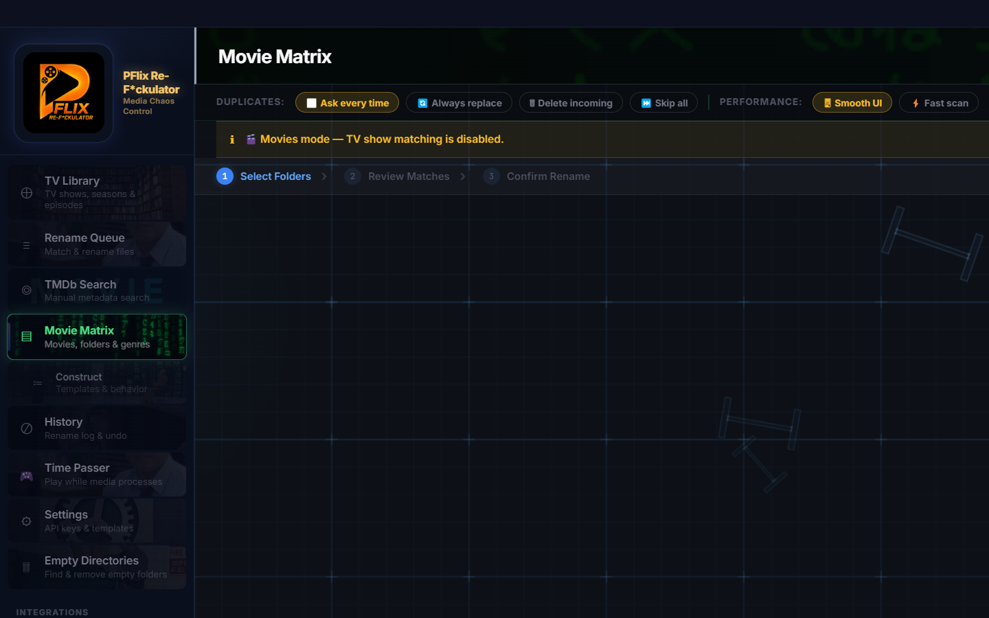 PFlix RE-F*ckulator — Movie Matrix view showing folder scanning and TMDb matching