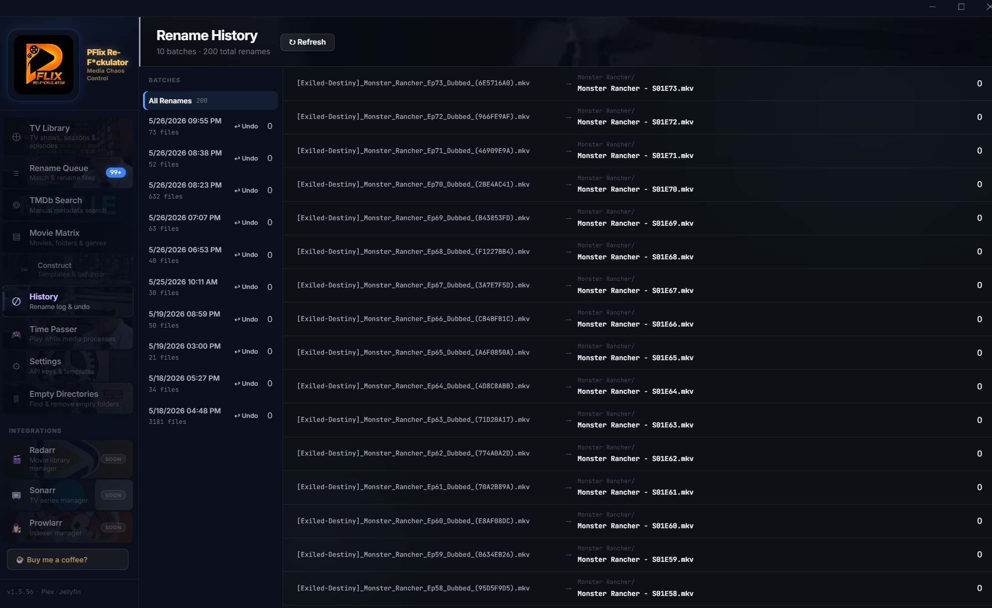 History — full rename log with undo support