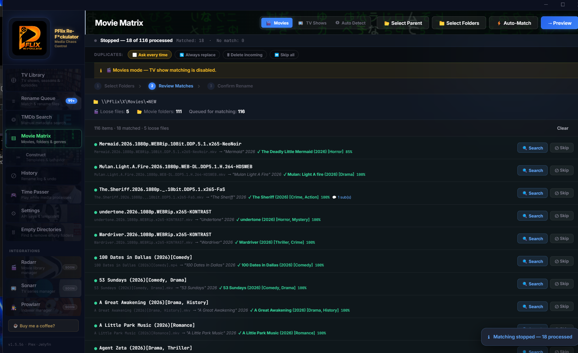 Movie Matrix — TMDb results loaded with rename previews